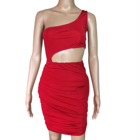 NWT Bodycon cut out midi dress ruched Sze S oneshoulder black Sexy party cocktai - Picture 10 of 10